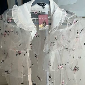 NWT sheer embroidered flower button down